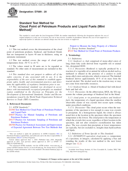 ASTM D7689-2020  Standard Test Method for Cloud Point of Petroleum Products and Liquid Fuels (Mini Method)