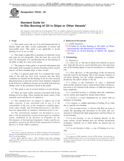 ASTM F2533-2020  Standard Guide for In-Situ Burning of Oil in Ships or Other Vessels