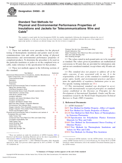 ASTM D4565-2020  Standard Test Methods for Physical and Environmental Performance Properties of Insulations and Jackets for Telecommunications Wire and Cable