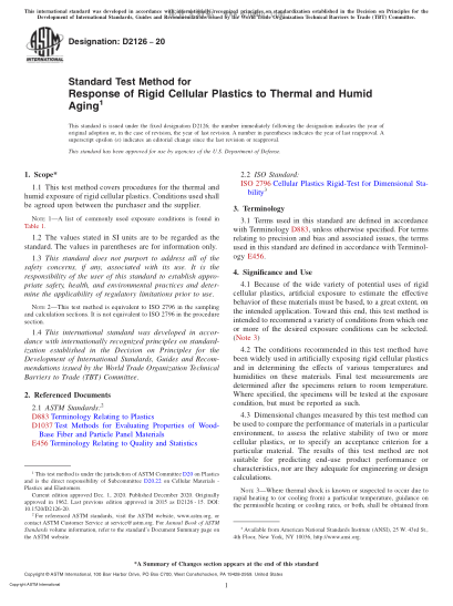 ASTM D2126-2020  Standard Test Method for Response of Rigid Cellular Plastics to Thermal and Humid Aging