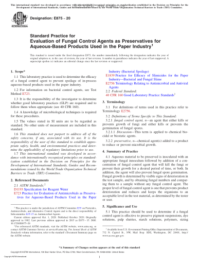 ASTM E875-2020  Standard Practice for Evaluation of Fungal Control Agents as Preservatives for Aqueous-Based Products Used in the Paper Industry