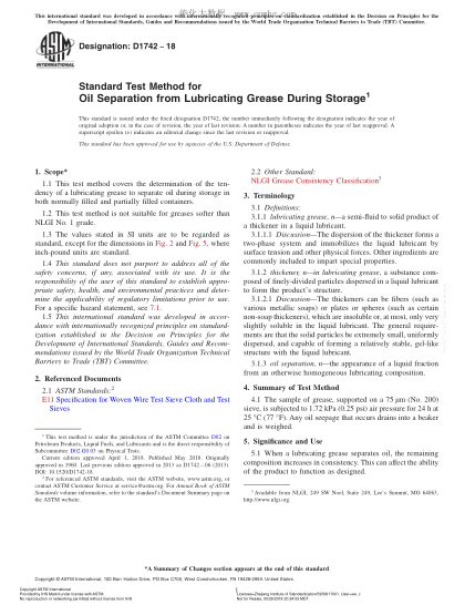 ASTM D1742-2018 潤滑脂儲藏析出油試驗方法 Standard Test Method for Oil Separation from Lubricating Grease During Storage