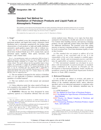 ASTM D86-2020  Standard Test Method for Distillation of Petroleum Products and Liquid Fuels at Atmospheric Pressure