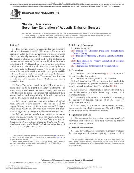 ASTM E1781/E1781M-2019 聲發(fā)射傳感器二級校準(zhǔn)規(guī)程 Standard Practice for Secondary Calibration of Acoustic Emission Sensors