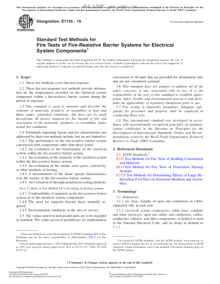 ASTM E1725-2019  Standard Test Methods for Fire Tests of Fire-Resistive Barrier Systems for Electrical System Components