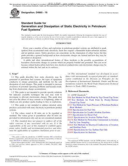 ASTM D4865-2019 石油燃料系統(tǒng)靜電產(chǎn)生及消除指南 Standard Guide for Generation and Dissipation of Static Electricity in Petroleum Fuel Systems