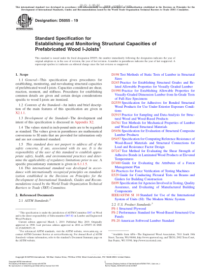 ASTM D5055-2019 預(yù)制木制工字梁結(jié)構(gòu)力確定及監(jiān)測(cè)規(guī)格 Standard Specification for Establishing and Monitoring Structural Capacities of Prefabricated Wood I-Joists
