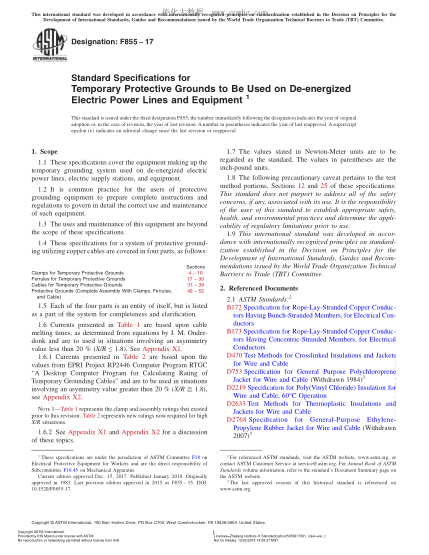 ASTM F855-2017 斷電狀態(tài)的電源線和設(shè)備用臨時(shí)保護(hù)性接地規(guī)格 Standard Specifications for Temporary Protective Grounds to Be Used on De-energized Electric Power Lines and Equipment