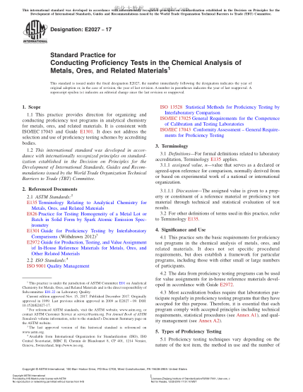 ASTM E2027-2017 金屬、礦石和相關(guān)材料化學分析能力測驗實施規(guī)程 Standard Practice for Conducting Proficiency Tests in the Chemical Analysis of Metals,Ores,and Related Materials