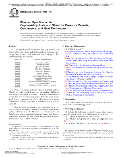 ASTM B171/B171M-2018  Standard Specification for Copper-Alloy Plate and Sheet for Pressure Vessels, Condensers, and Heat Exchangers