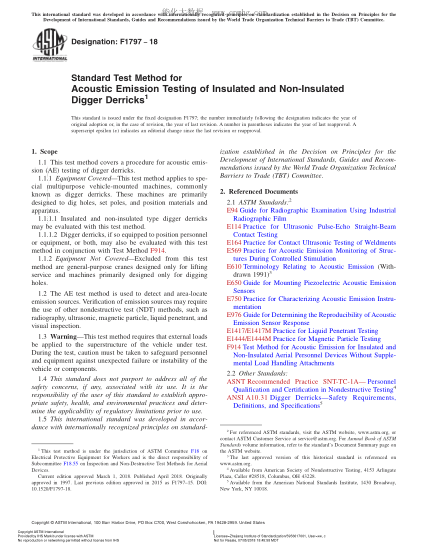 ASTM F1797-2018 絕緣和非絕緣挖掘機(jī)吊桿聲發(fā)射測(cè)試方法 Standard Test Method for Acoustic Emission Testing of Insulated and Non-Insulated Digger Derricks