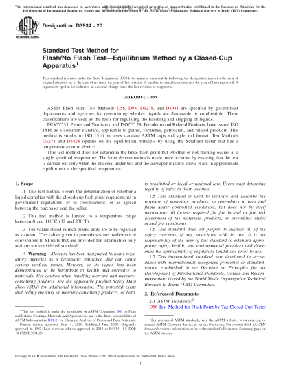 ASTM D3934-2020  Standard Test Method for Flash/No Flash Test—Equilibrium Method by a Closed-Cup Apparatus