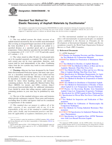ASTM D6084/D6084M-2018  Standard Test Method for Elastic Recovery of Asphalt Materials by Ductilometer
