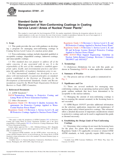 ASTM D7491-2021  Standard Guide for Management of Non-Conforming Coatings in Coating Service Level I Areas of Nuclear Power Plants