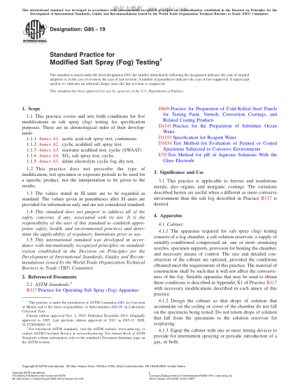 ASTM G85-2019 改性鹽霧(霧)測(cè)試規(guī)程 Standard Practice for Modified Salt Spray (Fog) Testing