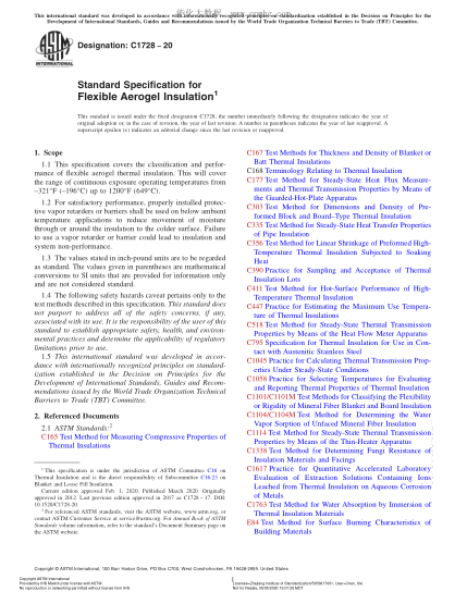 ASTM C1728-2020  Standard Specification for Flexible Aerogel Insulation