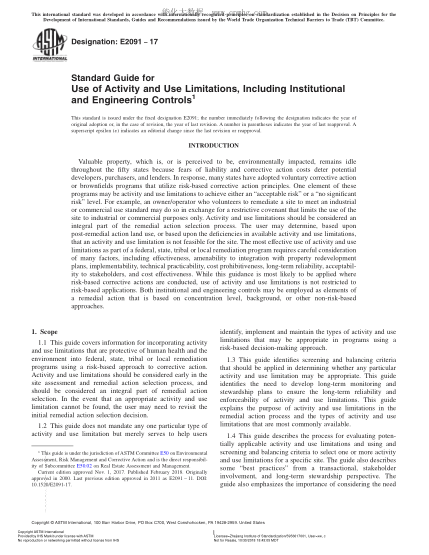 ASTM E2091-2017 包括體制控制和工程控制的活動性及限值使用的指南 Standard Guide for Use of Activity and Use Limitations,Including Institutional and Engineering Controls