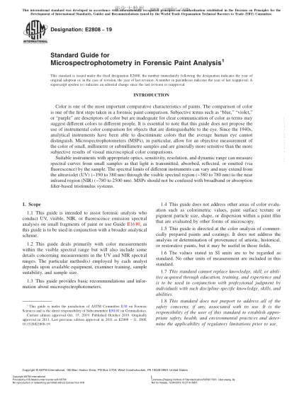 ASTM E2808-2019  Standard Guide for Microspectrophotometry in Forensic Paint Analysis
