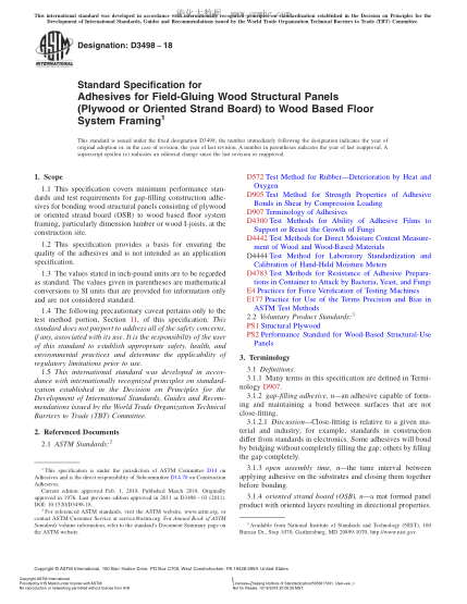 ASTM D3498-2018 地板系統(tǒng)用將膠合板現(xiàn)場(chǎng)粘合到木框上的膠粘劑的規(guī)格 Standard Specification for Adhesives for Field-Gluing Wood Structural Panels (Plywood or Oriented Strand Board) to Wood Based Floor System Framing