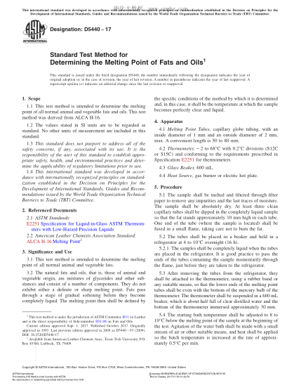 ASTM D5440-2017 測(cè)定脂肪和油熔點(diǎn)的試驗(yàn)方法 Standard Test Method for Determining the Melting Point of Fats and Oils