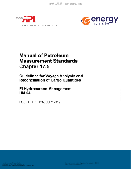 API MPMS 17.5-2019  Manual of Petroleum Measurement Standards Chapter 17.5 - Guidelines for Voyage Analysis and Reconciliation of Cargo Quantities - El Hydrocarbon Management HM 64 (FOURTH EDITION)
