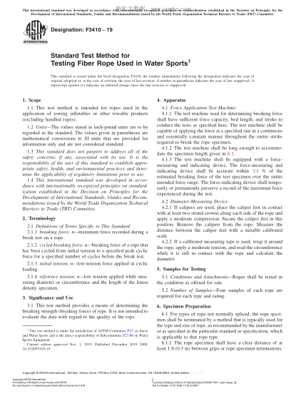 ASTM F3410-2019Standard Test Method for Testing Fiber Rope Used in Water Sports