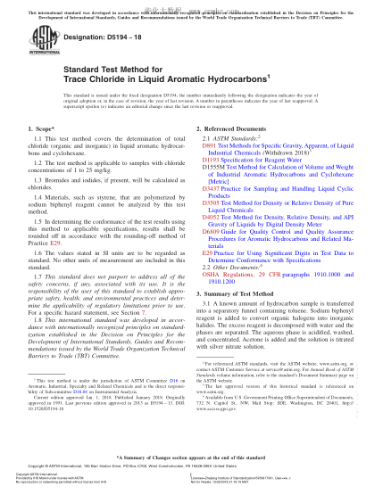ASTM D5194-2018 液態(tài)芳烴中痕量氯化物的試驗方法 Standard Test Method for Trace Chloride in Liquid Aromatic Hydrocarbons