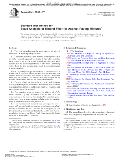 ASTM D546-2017 瀝青鋪路混合物用礦物填料篩分的試驗方法 Standard Test Method for Sieve Analysis of Mineral Filler for Asphalt Paving Mixtures