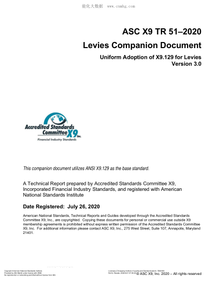 ANSI X9 TR 51-2020Levies Companion Document Uniform Adoption of X9.129 for Levies (Version 3.0)
