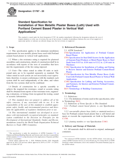ASTM C1787-2020  Standard Specification for Installation of Non Metallic Plaster Bases (Lath) Used with Portland Cement Based Plaster in Vertical Wall Applications