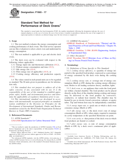 ASTM F1965-2017 柜式烤箱性能試驗(yàn)方法 Standard Test Method for Performance of Deck Ovens