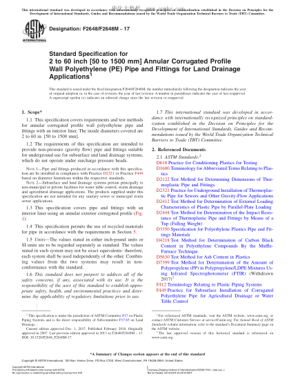 ASTM F2648/F2648M-2017 地面排水設施用2至60英寸（50至1500mm ）環(huán)狀波紋剖面管壁聚氯乙烯管及管件規(guī)格 Standard Specification for 2 to 60 inch [50 to 1500 mm] Annular Corrugated Profile Wall Polyethylene (PE) Pipe and Fittings for Land Drainage Applications