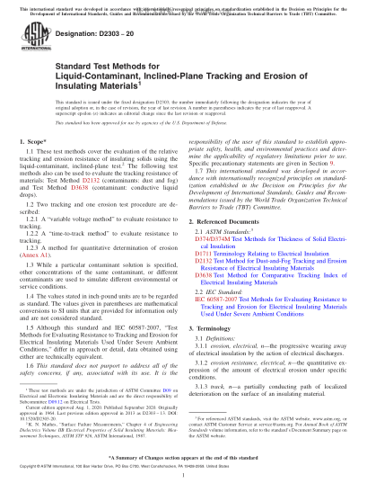 ASTM D2303-2020  Standard Test Methods for Liquid-Contaminant, Inclined-Plane Tracking and Erosion of Insulating Materials