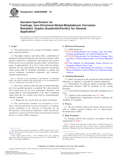 ASTM A890/A890M-2018 通用鐵-鉻-鎳-鉬耐腐蝕雙聯(lián)(奧氏體/鐵素體)鑄件規(guī)格 Standard Specification for Castings,Iron-Chromium-Nickel-Molybdenum Corrosion-Resistant,Duplex (Austenitic/Ferritic) for General Application