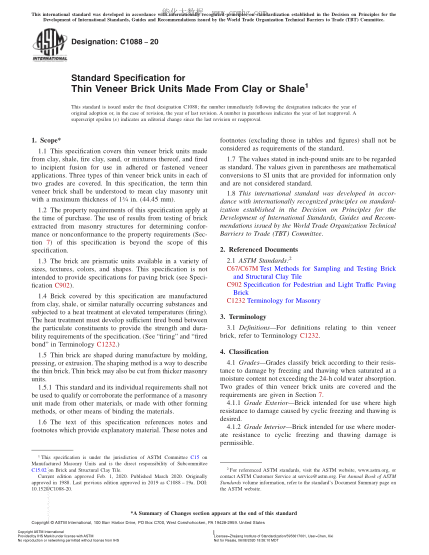 ASTM C1088-2020  Standard Specification for Thin Veneer Brick Units Made From Clay or Shale