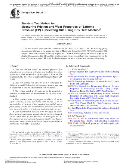 ASTM D6425-2017 用SRV試驗(yàn)機(jī)測(cè)量極壓（EP）潤(rùn)滑油磨擦及磨損特性的試驗(yàn)方法 Standard Test Method for Measuring Friction and Wear Properties of Extreme Pressure (EP) Lubricating Oils Using SRV Test Machine