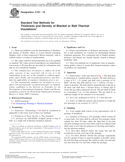 ASTM C167-2018  Standard Test Methods for Thickness and Density of Blanket or Batt Thermal Insulations