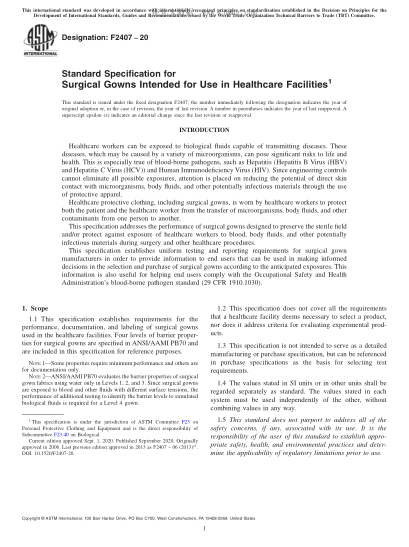 ASTM F2407-2020Standard Specification for Surgical Gowns Intended for Use in Healthcare Facilities