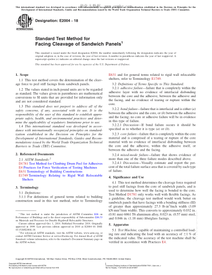 ASTM E2004-2018  Standard Test Method for Facing Cleavage of Sandwich Panels