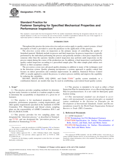 ASTM F1470-2018 規(guī)定機械特性和性能檢驗用緊固件抽樣的指南 Standard Practice for Fastener Sampling for Specified Mechanical Properties and Performance Inspection