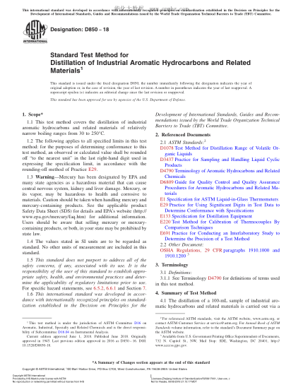 ASTM D850-2018  Standard Test Method for Distillation of Industrial Aromatic Hydrocarbons and Related Materials