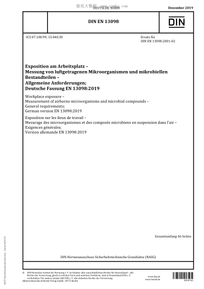 DIN EN 13098-2019  Workplace exposure – Measurement of airborne microorganisms and microbial compounds – General requirements