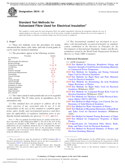 ASTM D619-2021  Standard Test Methods for Vulcanized Fibre Used for Electrical Insulation