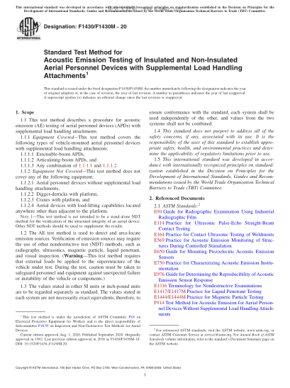 ASTM F1430/F1430M-2020  Standard Test Method for Acoustic Emission Testing of Insulated and Non-Insulated Aerial Personnel Devices with Supplemental Load Handling Attachments