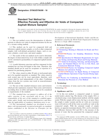 ASTM D7063/D7063M-2018  Standard Test Method for Effective Porosity and Effective Air Voids of Compacted Asphalt Mixture Samples