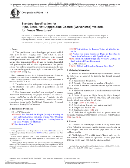 ASTM F1083-2018 柵欄構(gòu)件用熱浸鍍鋅焊接鋼管的規(guī)格 Standard Specification for Pipe,Steel,Hot-Dipped Zinc-Coated (Galvanized) Welded,for Fence Structures