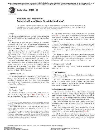 ASTM C1895-2020  Standard Test Method for Determination of Mohs Scratch Hardness