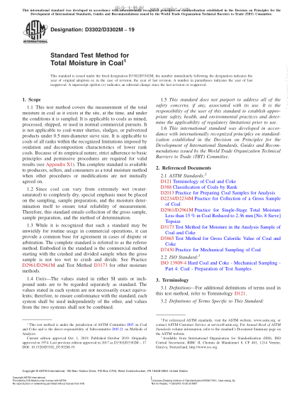 ASTM D3302/D3302M-2019  Standard Test Method for Total Moisture in Coal