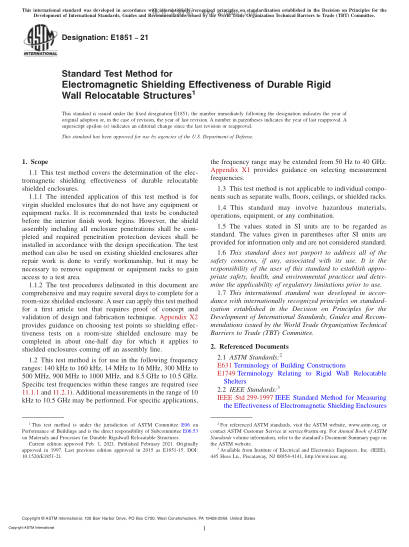 ASTM E1851-2021Standard Test Method for Electromagnetic Shielding Effectiveness of Durable Rigid Wall Relocatable Structures