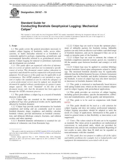 ASTM D6167-2019  Standard Guide for Conducting Borehole Geophysical Logging: Mechanical Caliper